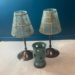 No Name Pair Brass Candle Holders with Aqua Sheer Shades. Tea candle hol…